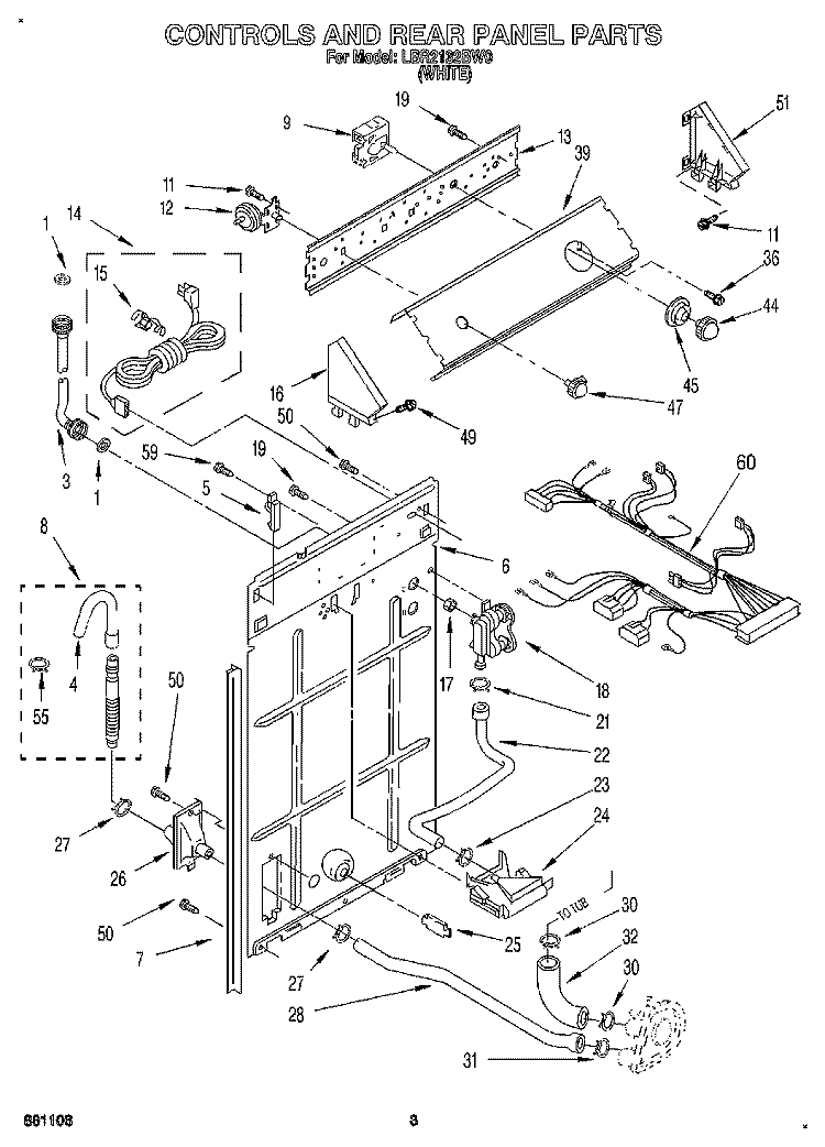 CONTROLS AND REAR PANEL Diagram and Parts List for LBR2132BW0  Whirlpool Washer