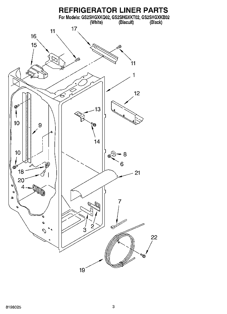 REFRIGERATOR LINER Diagram and Parts List for GS2SHGXKQ02  Whirlpool Refrigerator