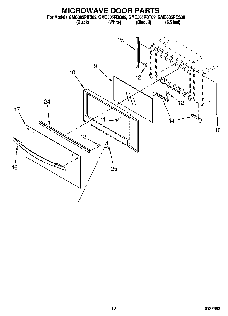 MICROWAVE DOOR PARTS Diagram and Parts List for GMC305PDS09  Whirlpool Microwave Oven Combo