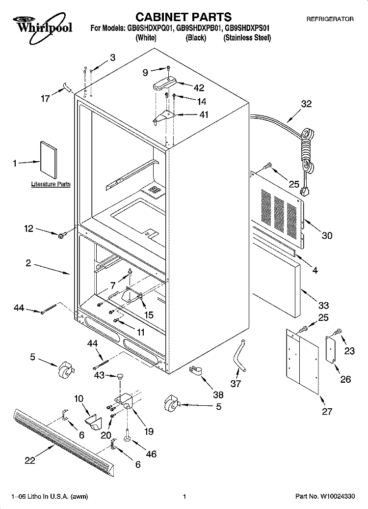 CABINET PARTS Diagram and Parts List for GB9SHDXPQ01  Whirlpool Refrigerator