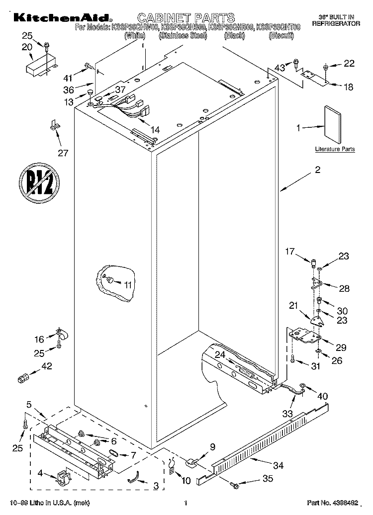 CABINET, LITERATURE Diagram and Parts List for KSSP36QHT00  KitchenAid Refrigerator