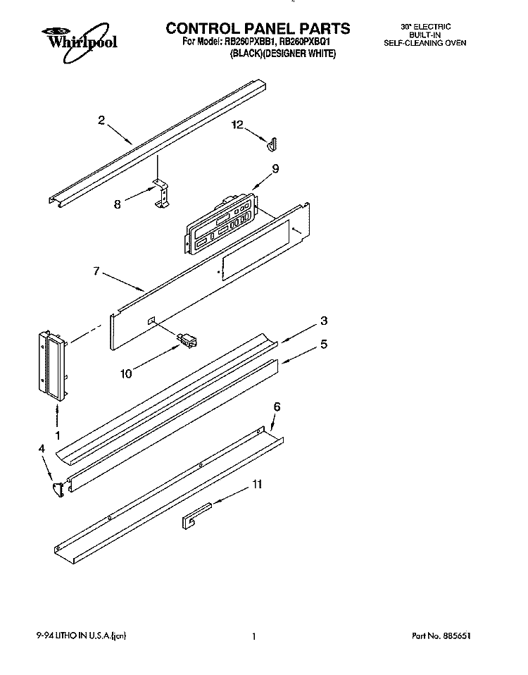 CONTROL PANEL, LITERATURE Diagram and Parts List for RB260PXBQ1  Whirlpool Wall Oven