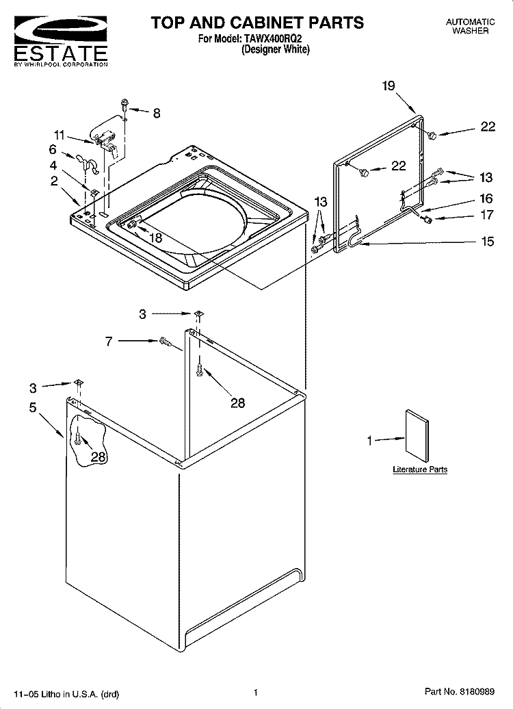 TOP AND CABINET PARTS Diagram and Parts List for TAWX400RQ2  Estate Washer