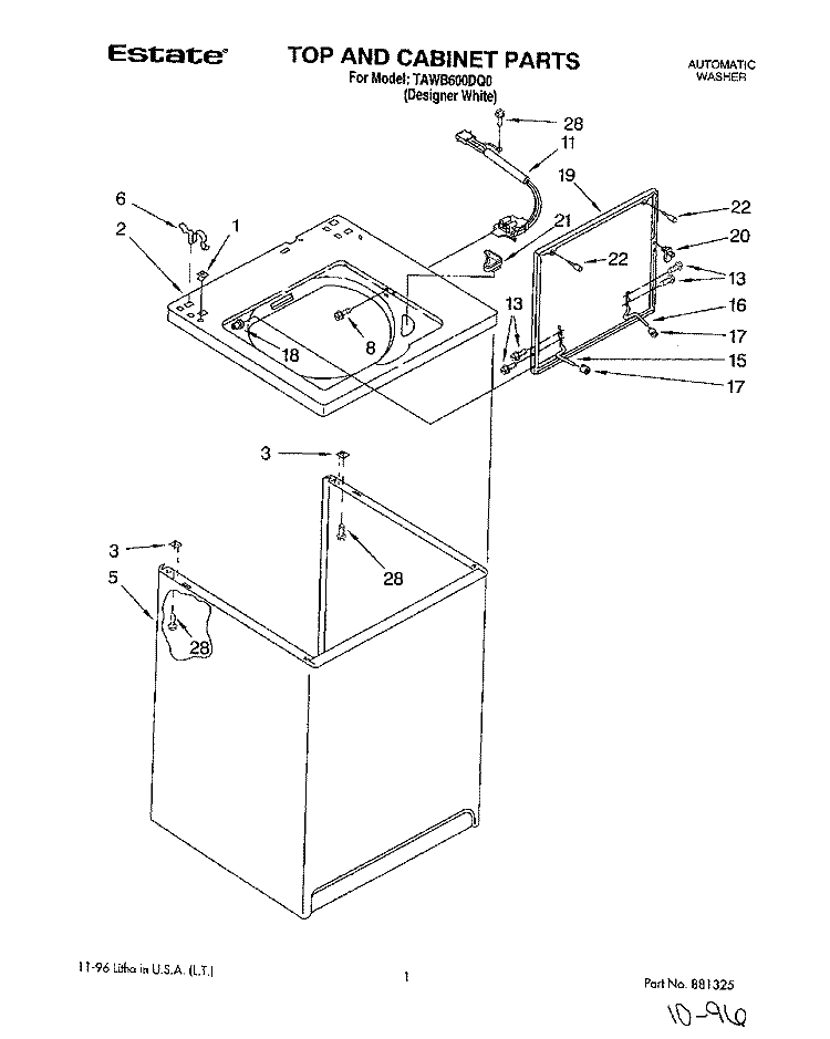 TOP AND CABINET Diagram and Parts List for TAWB600DQ0  Estate Washer