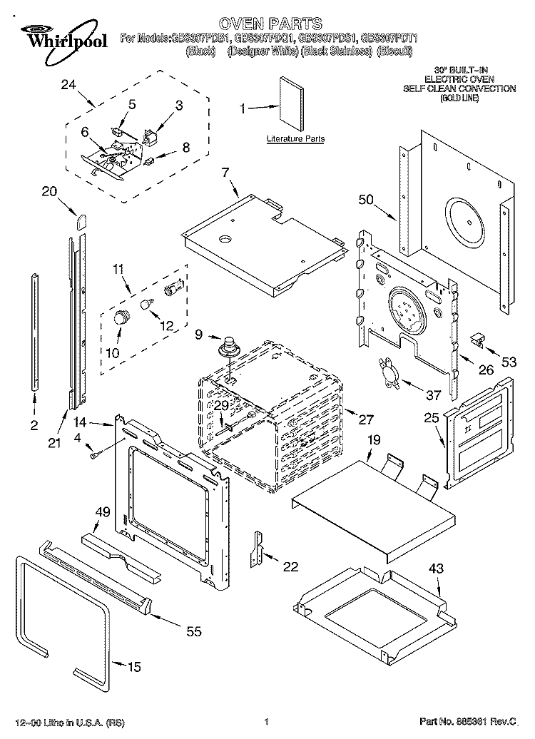 OVEN, LITERATURE Diagram and Parts List for GBS307PDB1  Whirlpool Wall Oven