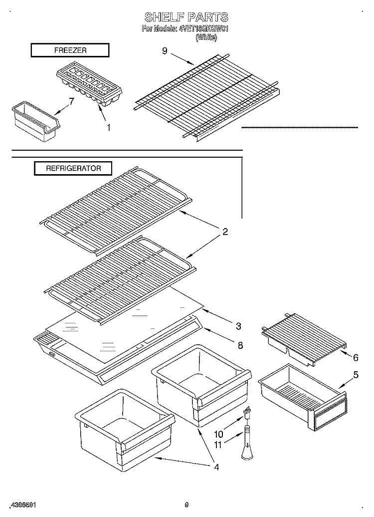 SHELF Diagram and Parts List for 4VET18GKGW01  Whirlpool Refrigerator
