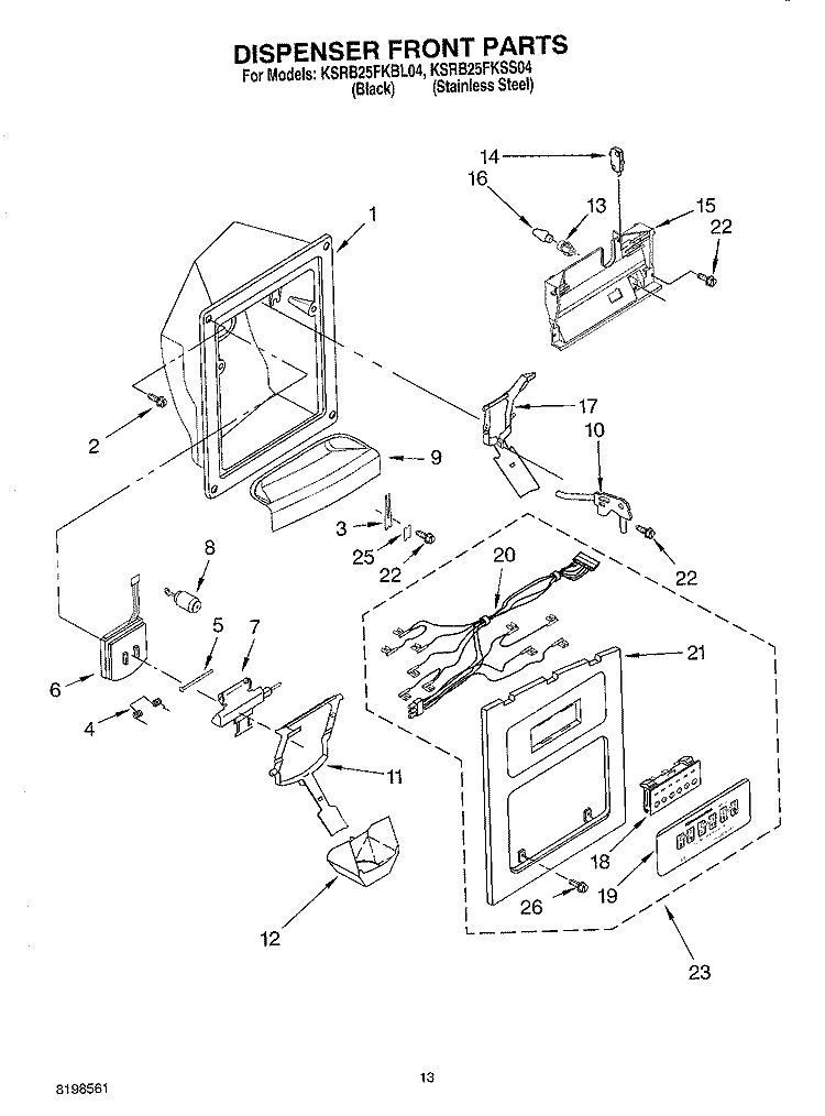 DISPENSER FRONT PARTS Diagram and Parts List for KSRB25FKBL04  KitchenAid Refrigerator