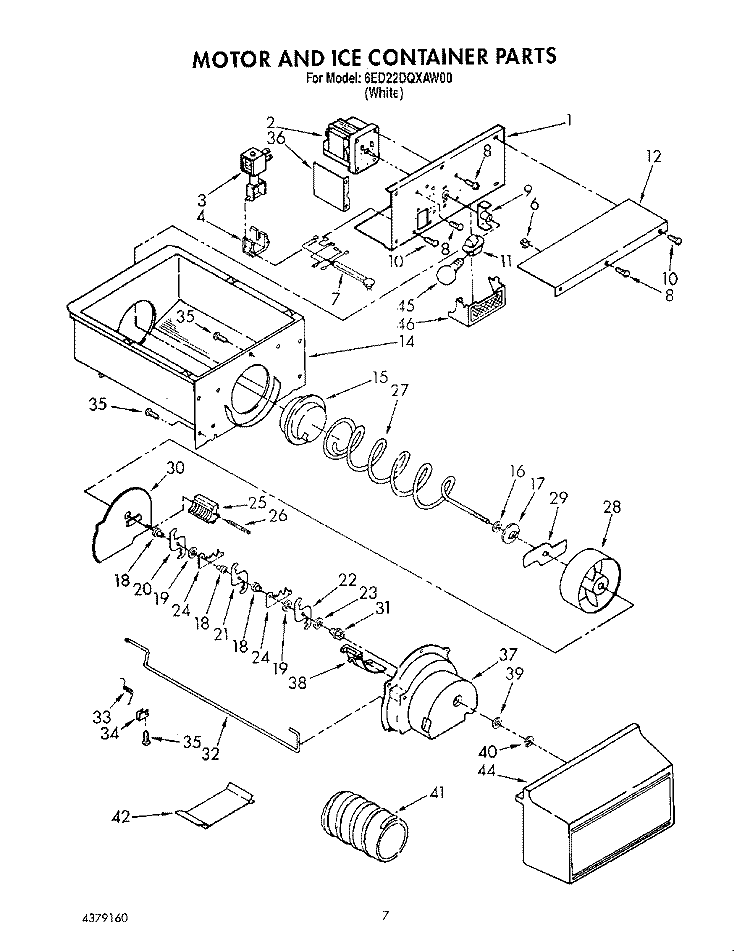 MOTOR AND ICE CONTAINER Diagram and Parts List for 6ED22DQXAW00  Whirlpool Refrigerator