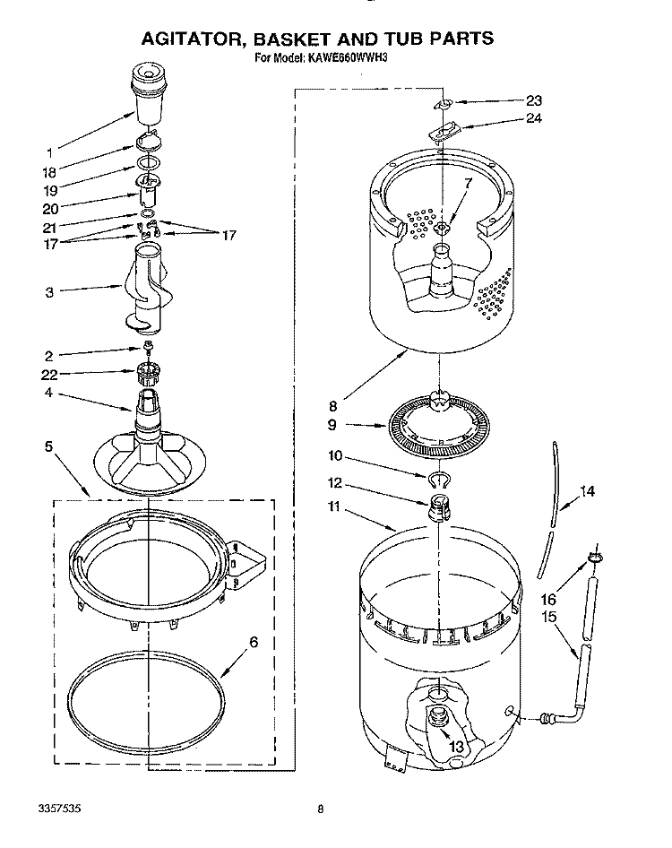 AGITATOR, BASKET AND TUB Diagram and Parts List for KAWE660WWH3  KitchenAid Washer