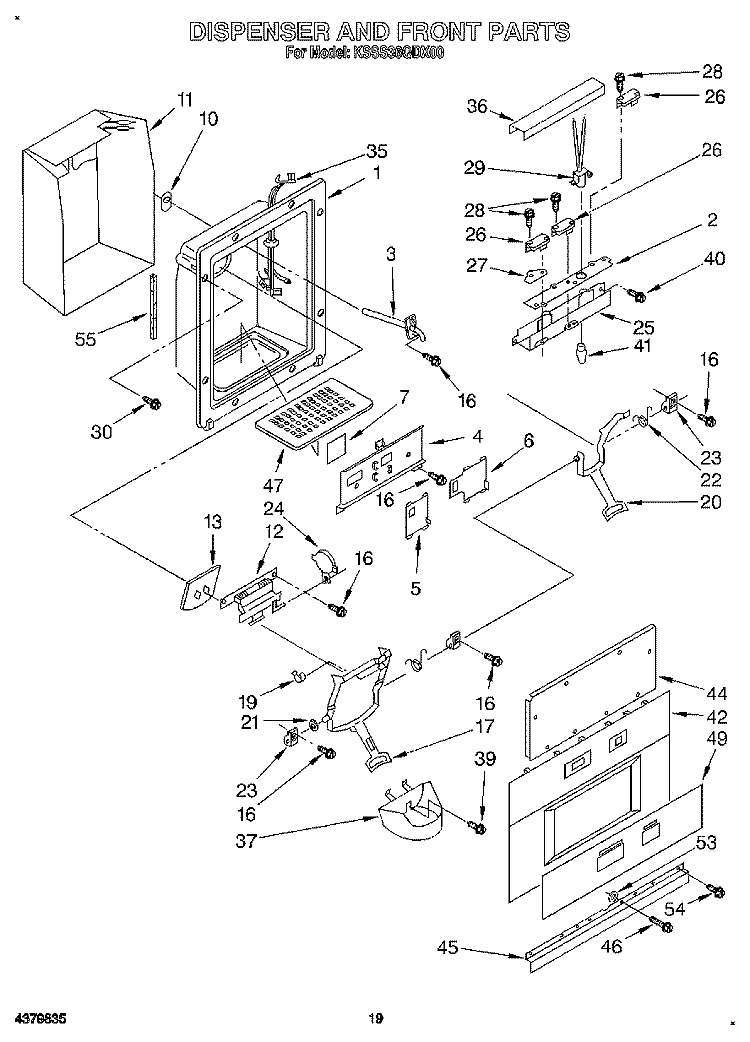 DISPENSER AND FRONT Diagram and Parts List for KSSS36QDX00  KitchenAid Refrigerator