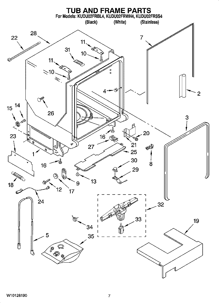 TUB AND FRAME PARTS Diagram and Parts List for KUDU02FRBL4  KitchenAid Dishwasher