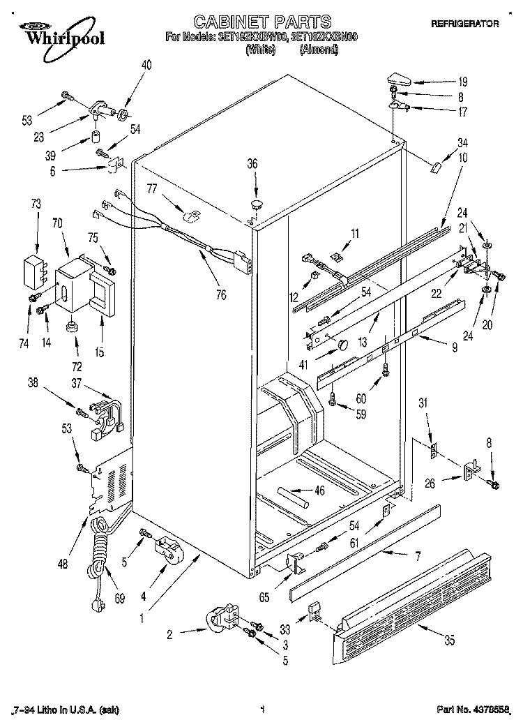 CABINET Diagram and Parts List for 3ET18ZKXBN00  Whirlpool Refrigerator