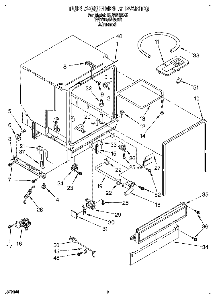TUB ASSEMBLY Diagram and Parts List for DU8016XX6  Whirlpool Dishwasher