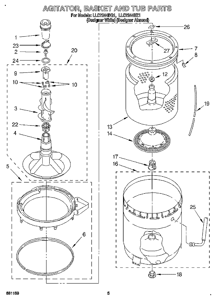 AGITATOR, BASKET AND TUB Diagram and Parts List for LLC7244BQ1  Whirlpool Washer
