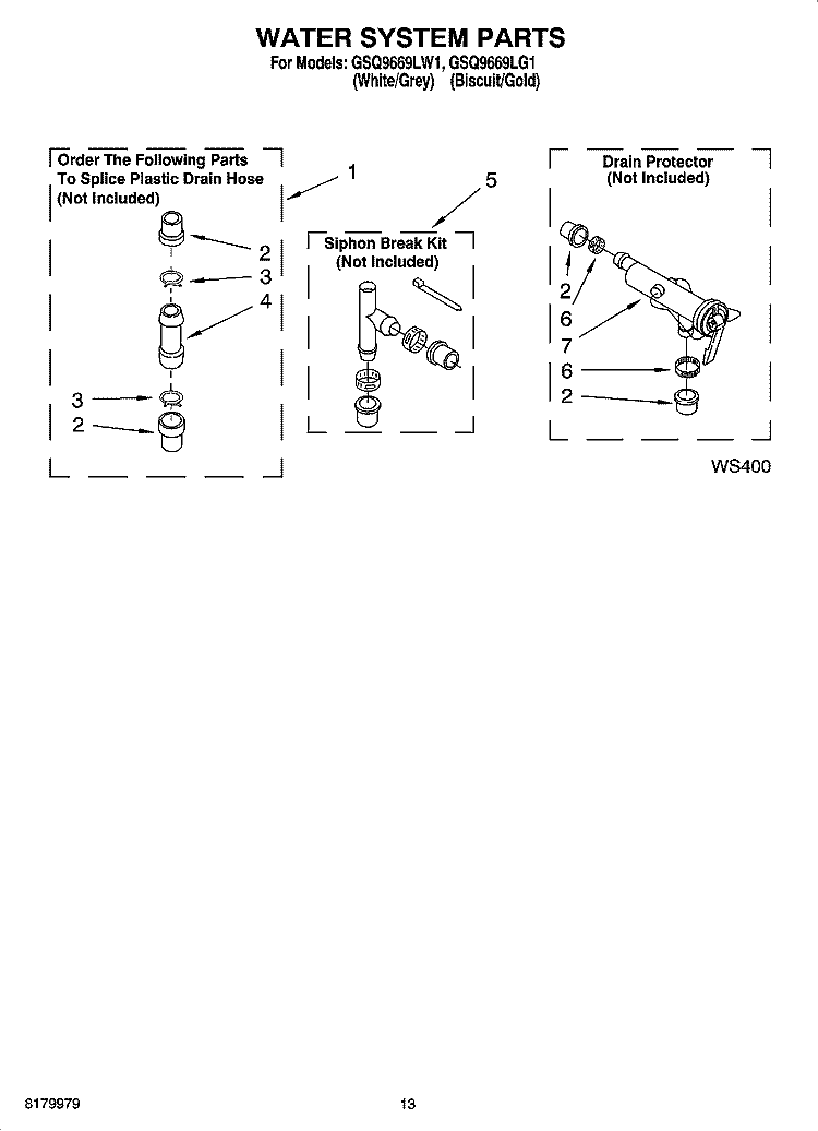 WATER SYSTEM PARTS Diagram and Parts List for GSQ9669LW1  Whirlpool Washer