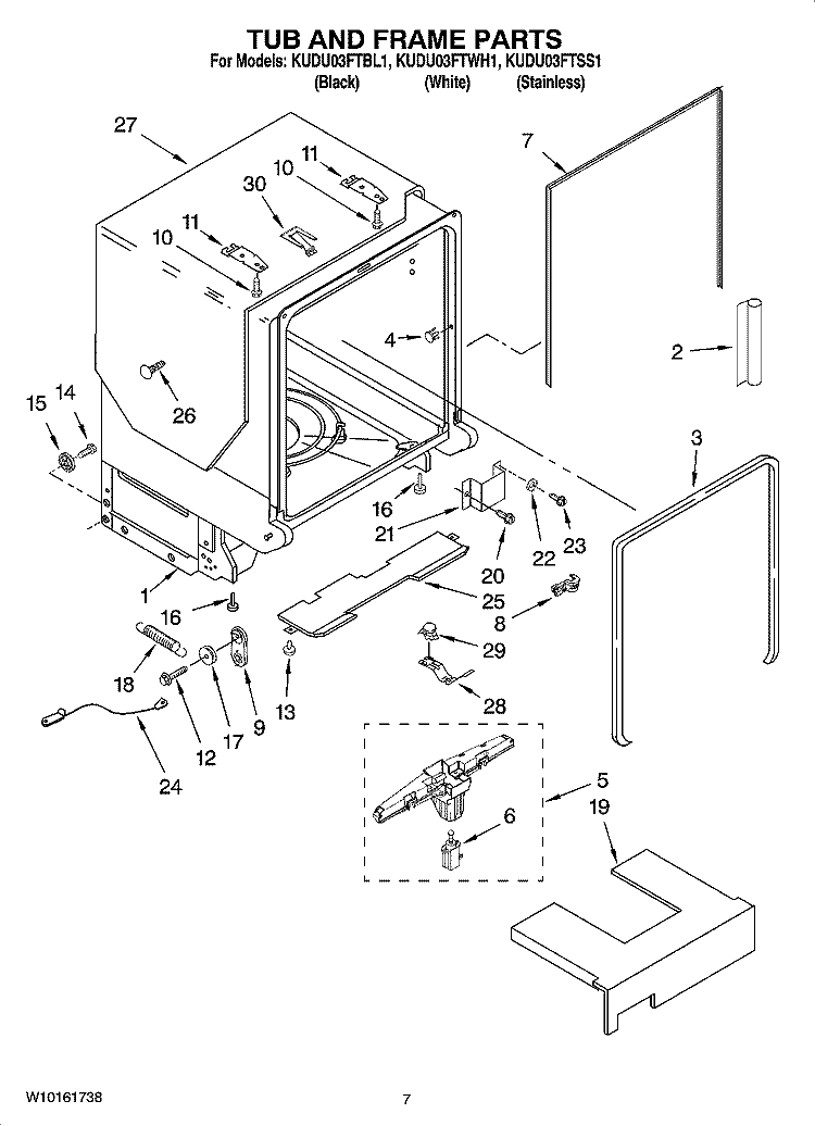 TUB AND FRAME PARTS Diagram and Parts List for KUDU03FTWH1  KitchenAid Dishwasher