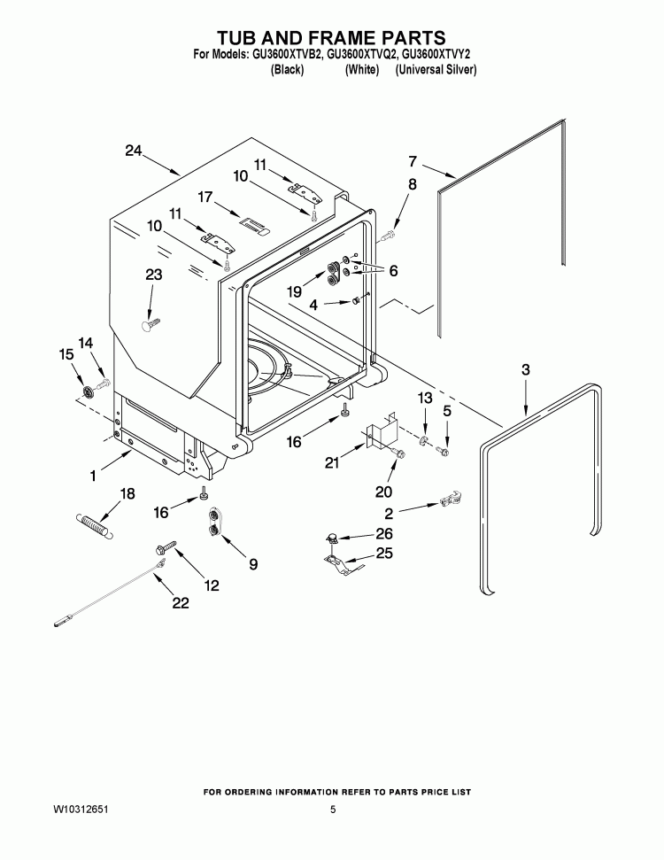 TUB AND FRAME PARTS Diagram and Parts List for GU3600XTVB2  Whirlpool Dishwasher