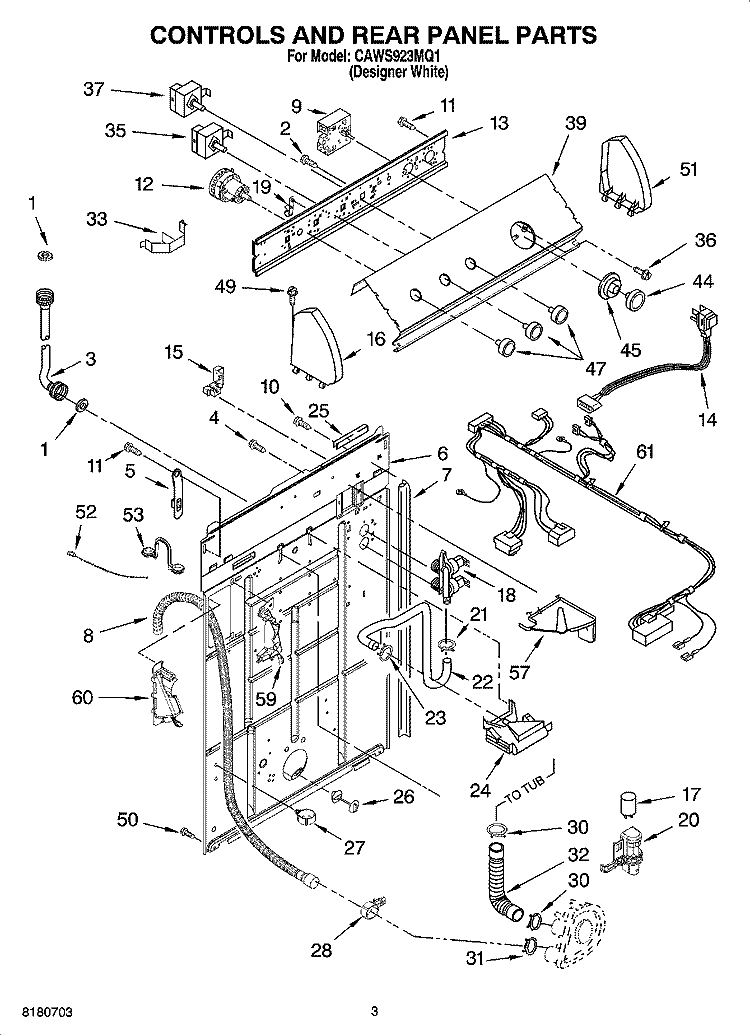 CONTROLS AND REAR PANEL PARTS Diagram and Parts List for CAWS923MQ1  Crosley Washer