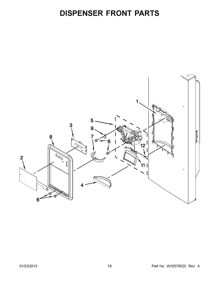 DISPENSER FRONT PARTS Diagram and Parts List for GI0FSAXVB09  Whirlpool Refrigerator