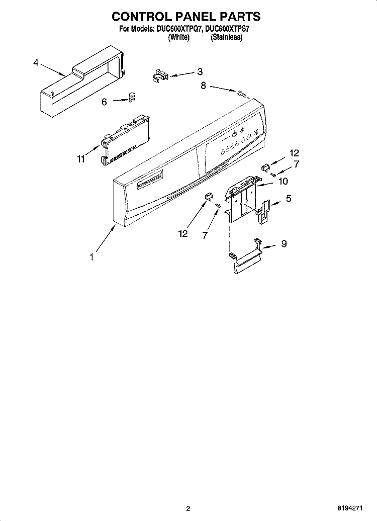 CONTROL PANEL PARTS Diagram and Parts List for DUC600XTPS7  Whirlpool Dishwasher