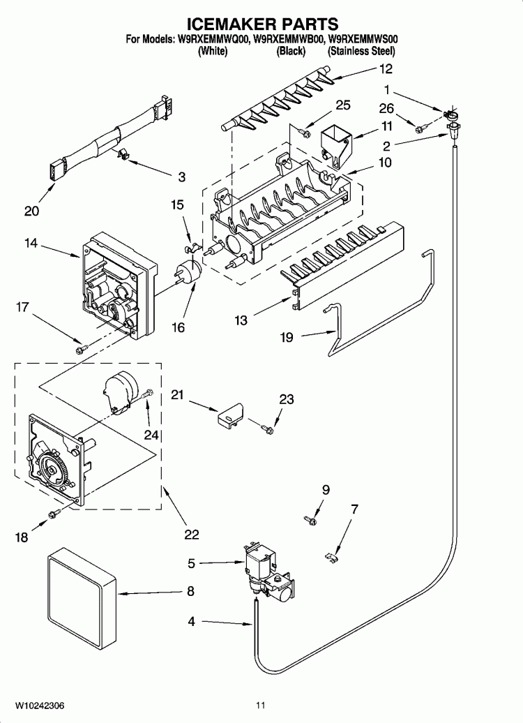 ICEMAKER PARTS Diagram and Parts List for W9RXEMMWB00  Whirlpool Refrigerator