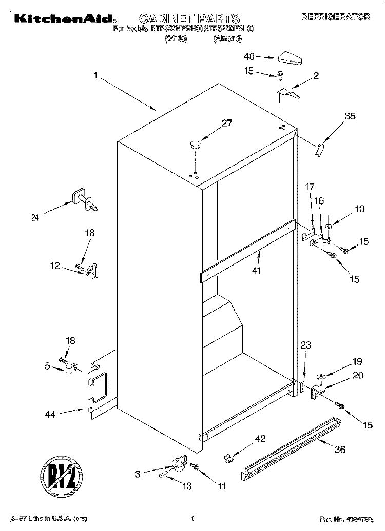 CABINET Diagram and Parts List for KTRS22MFAL00  KitchenAid Refrigerator