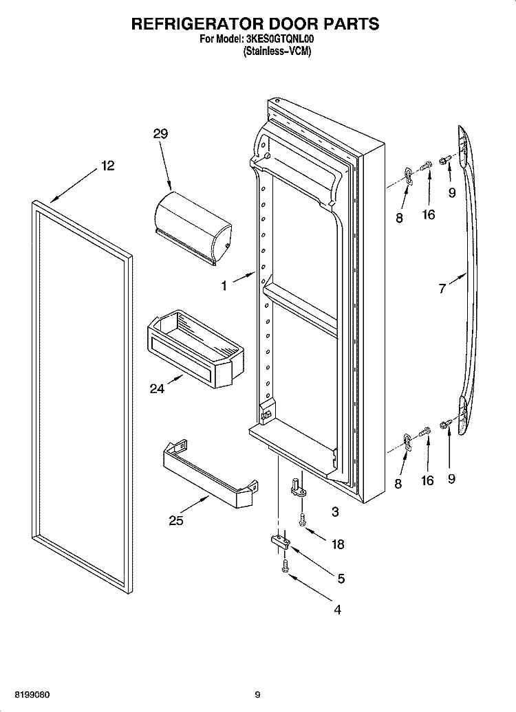 REFRIGERATOR DOOR PARTS Diagram and Parts List for 3KES0GTQNL00  Whirlpool Refrigerator