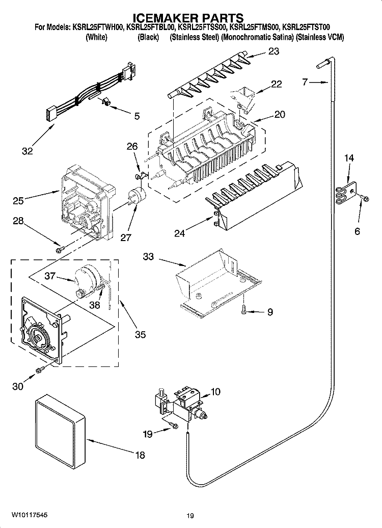 ICEMAKER PARTS, OPTIONAL PARTS (NOT INCLUDED) Diagram and Parts List for KSRL25FTST00  KitchenAid Refrigerator
