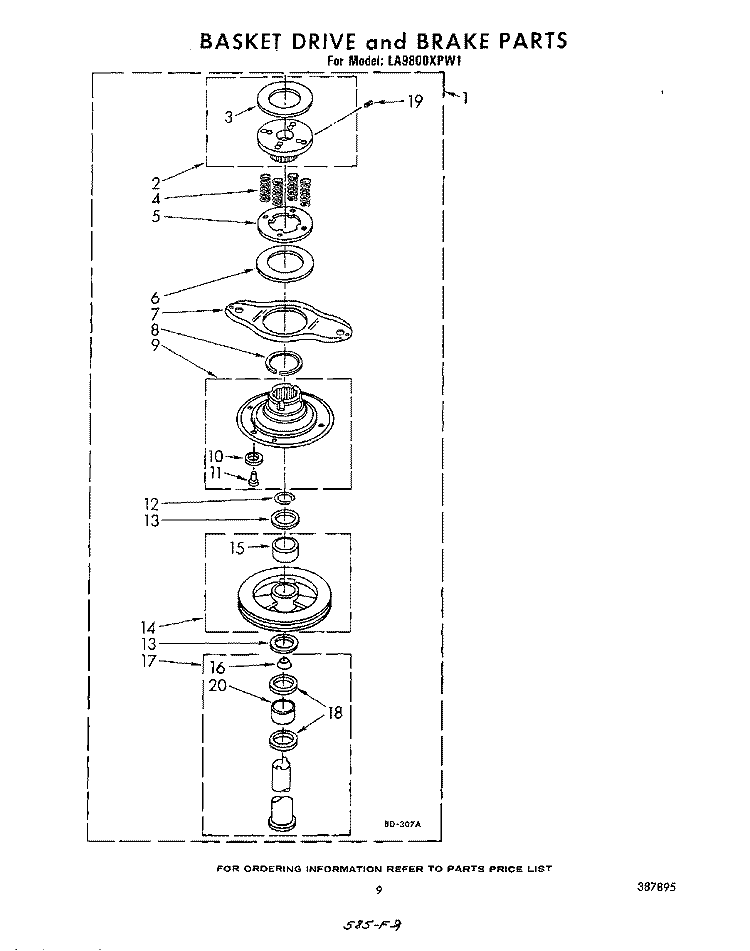 BASKET DRIVE AND BRAKE Diagram and Parts List for LA9800XPW1  Whirlpool Washer