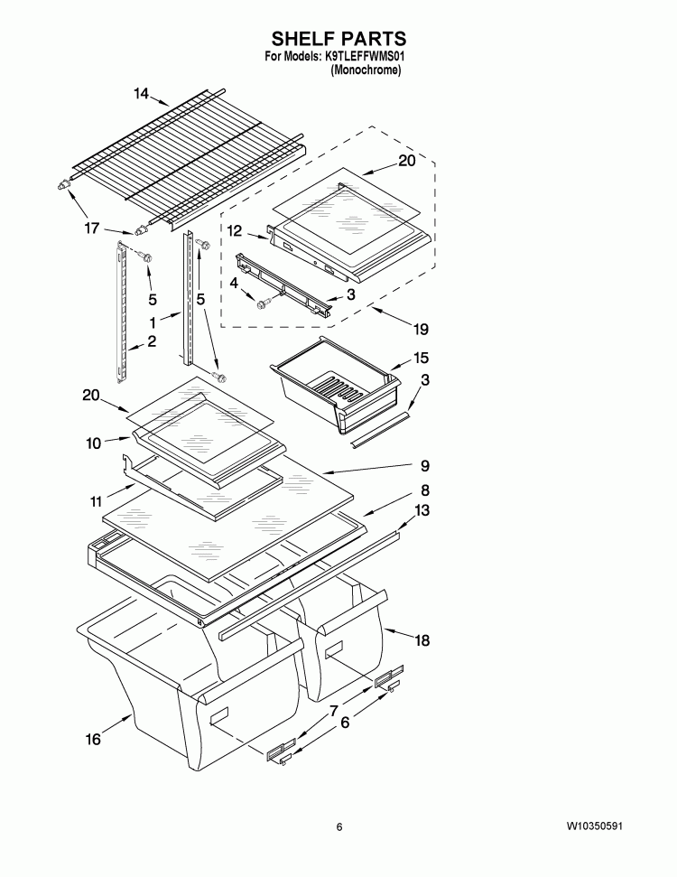 SHELF PARTS Diagram and Parts List for K9TLEFFWMS01  KitchenAid Refrigerator