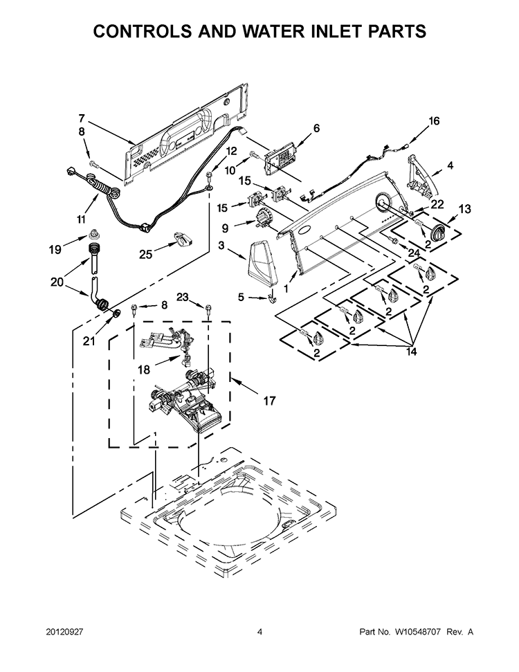 CONTROLS AND WATER INLET PARTS Diagram and Parts List for 7MWTW1602AW1  Whirlpool Washer