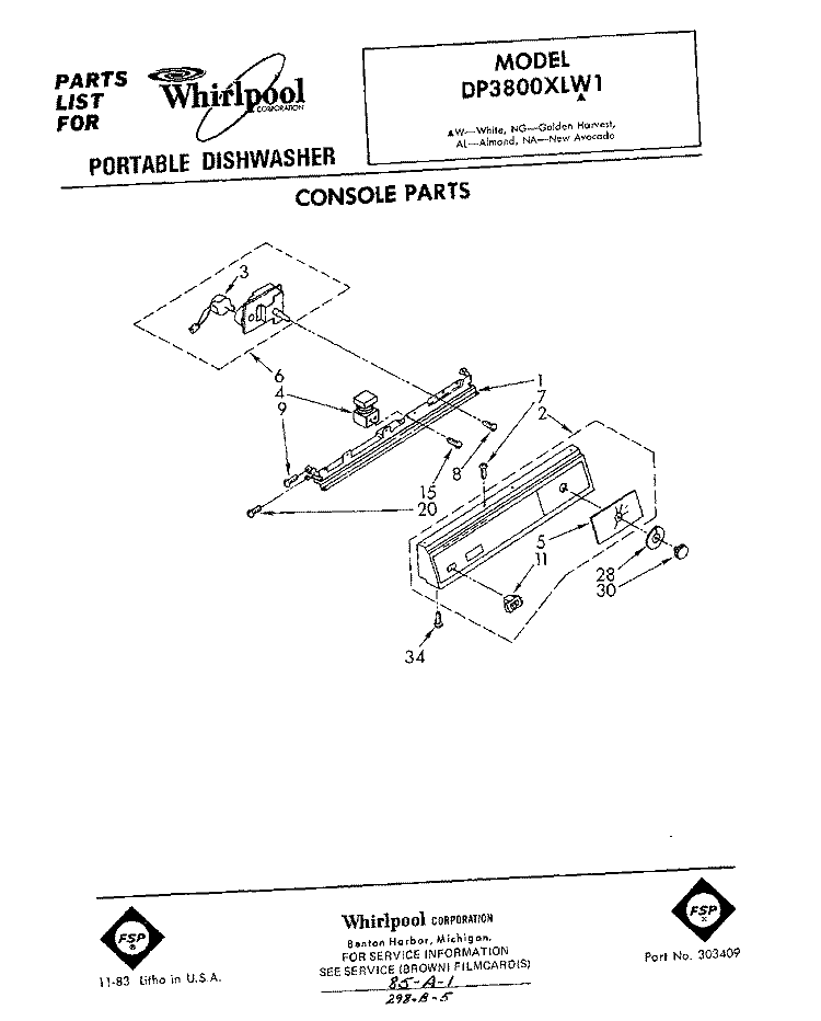 CONSOLE Diagram and Parts List for DP3800XLW1  Whirlpool Dishwasher
