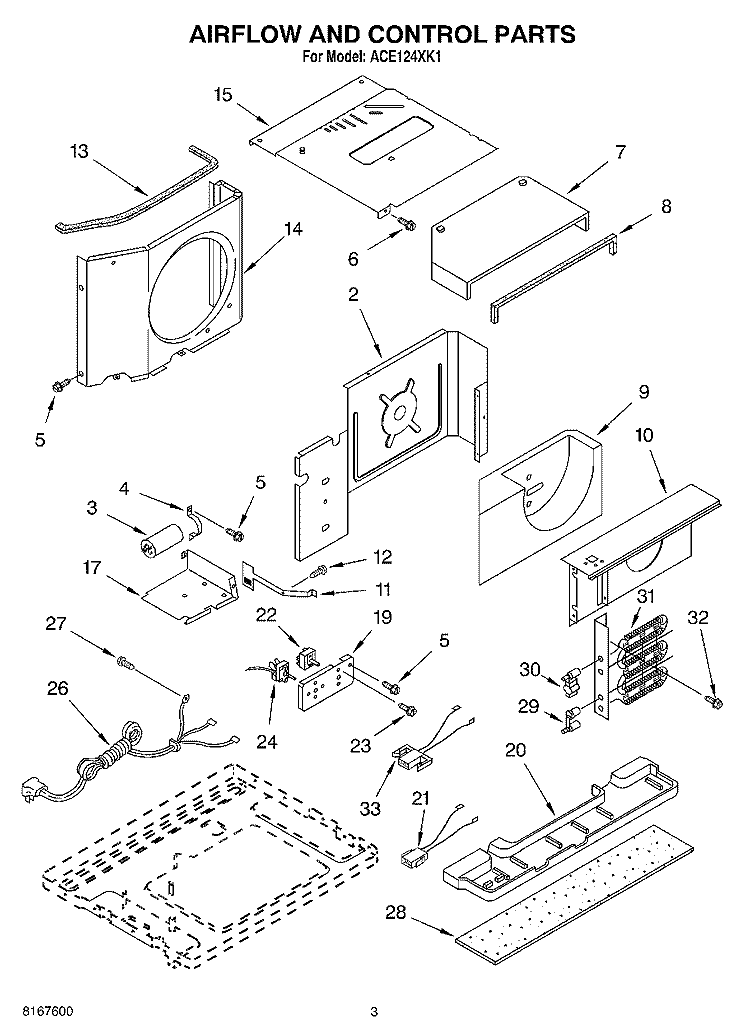 AIR FLOW AND CONTROL Diagram and Parts List for ACE124XK1  Whirlpool Air Conditioner