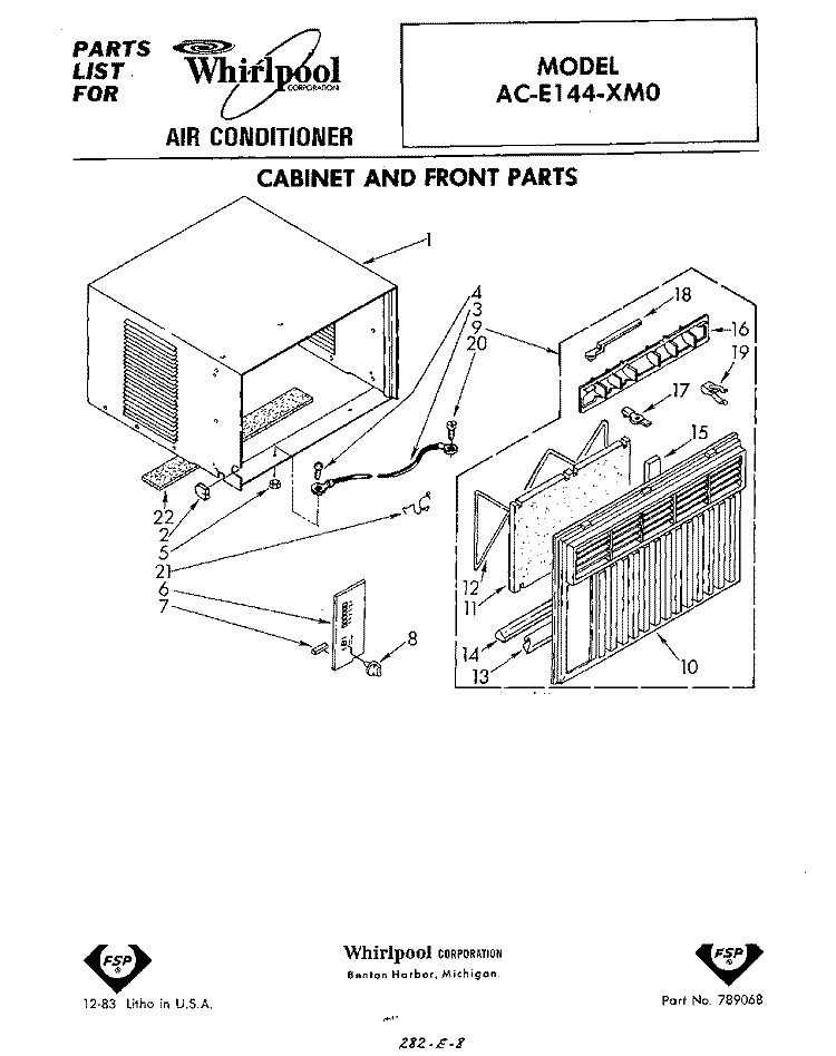 CABINET AND FRONT Diagram and Parts List for ACE144XM0  Whirlpool Air Conditioner