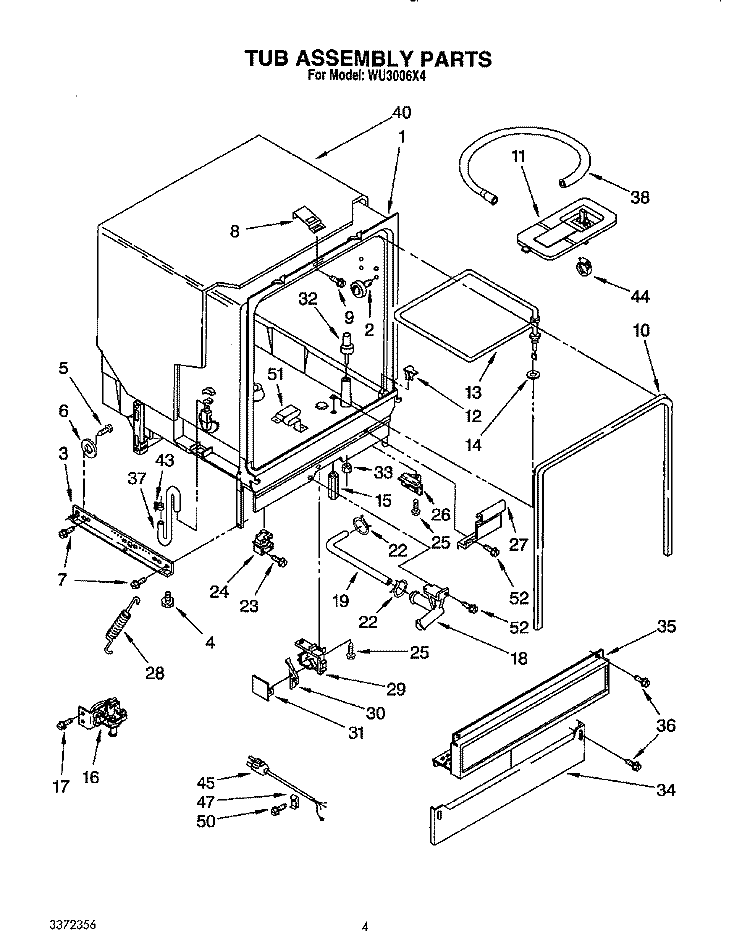 TUB ASSEMBLY Diagram and Parts List for WU3006X4  Roper Dishwasher