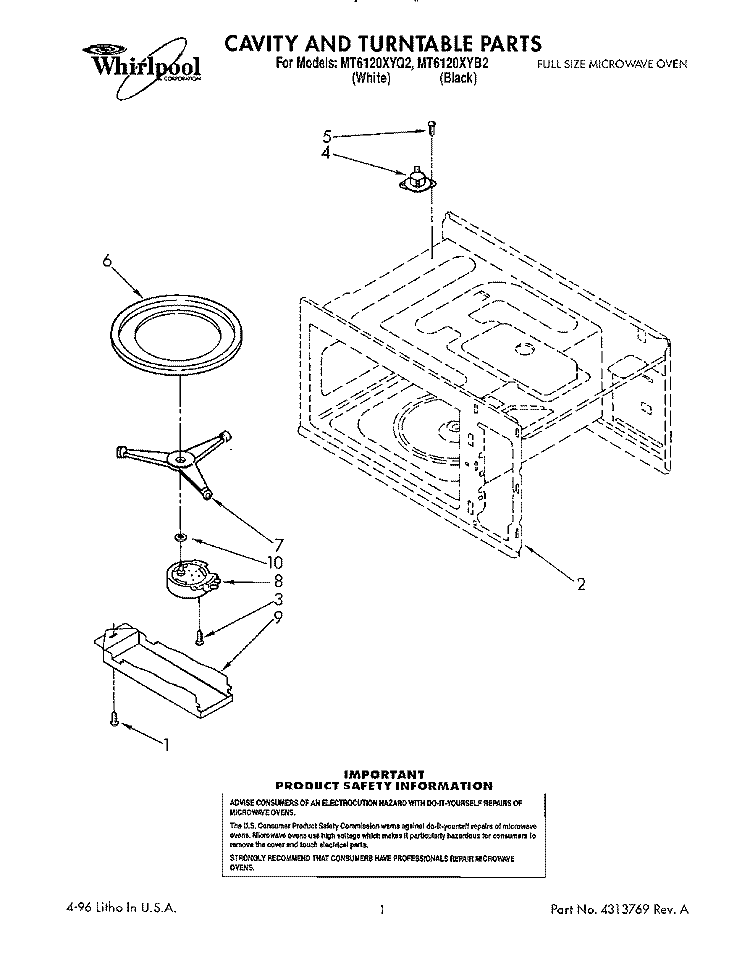 CAVITY AND TURNTABLE, LIT/OPTIONAL Diagram and Parts List for MT6120XYB2  Whirlpool Microwave