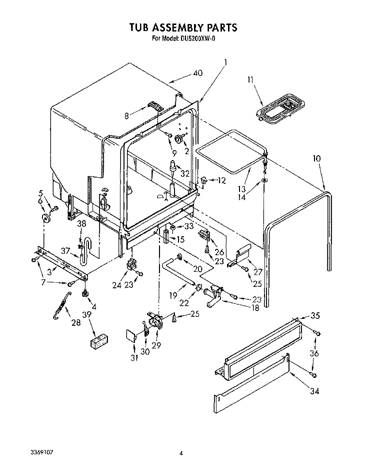TUB ASSEMBLY Diagram and Parts List for DU5200XW0  Whirlpool Dishwasher