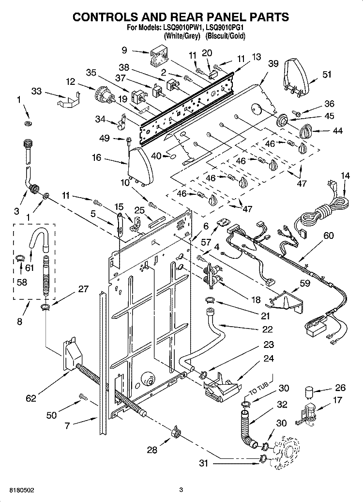 CONTROLS AND REAR PANEL PARTS Diagram and Parts List for LSQ9010PG1  Whirlpool Washer