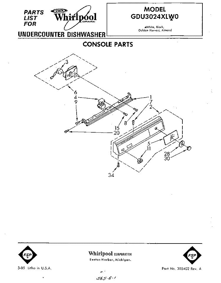 CONSOLE Diagram and Parts List for GDU3024XLW0  Whirlpool Dishwasher