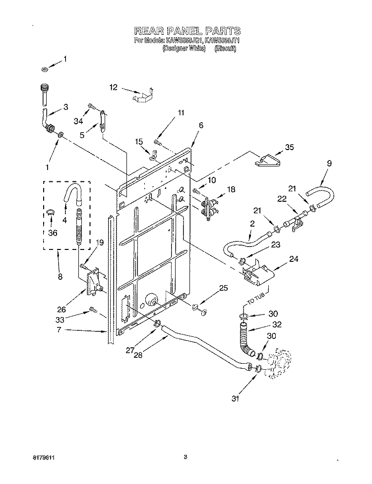 REAR PANEL Diagram and Parts List for KAWS850JT1  KitchenAid Washer