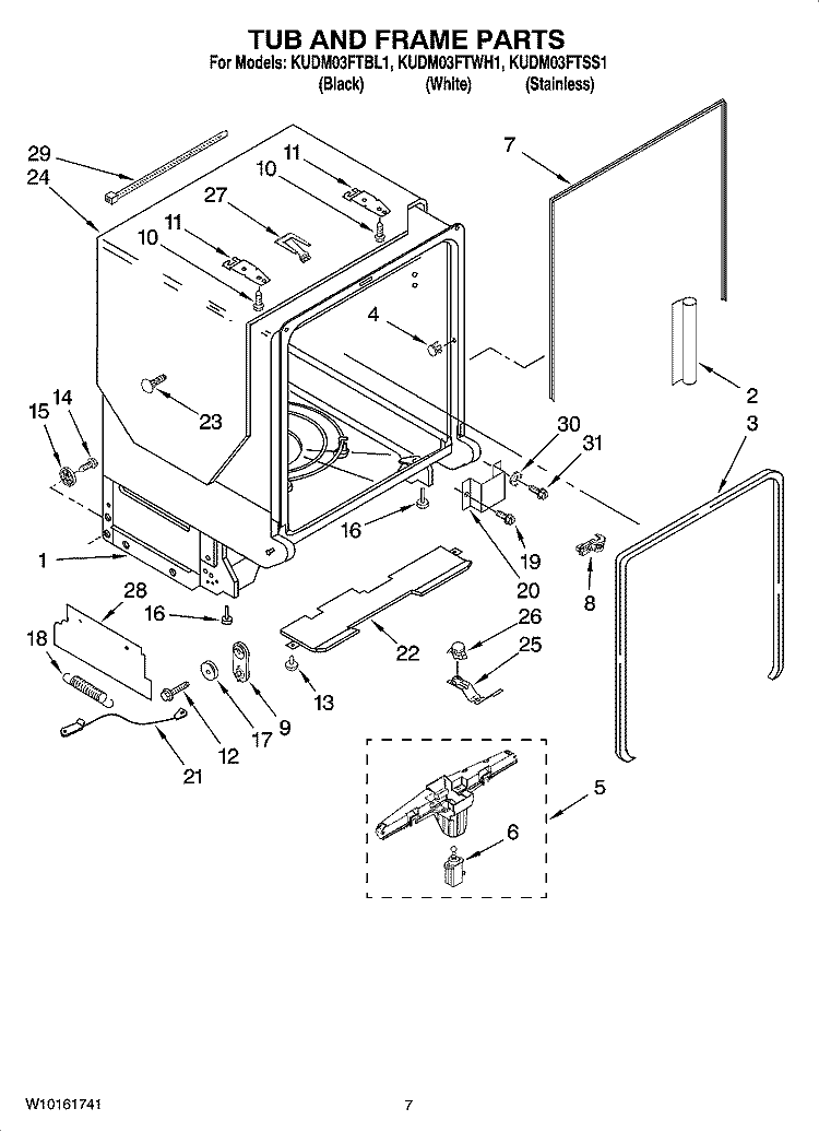 TUB AND FRAME PARTS Diagram and Parts List for KUDM03FTBL1  KitchenAid Dishwasher