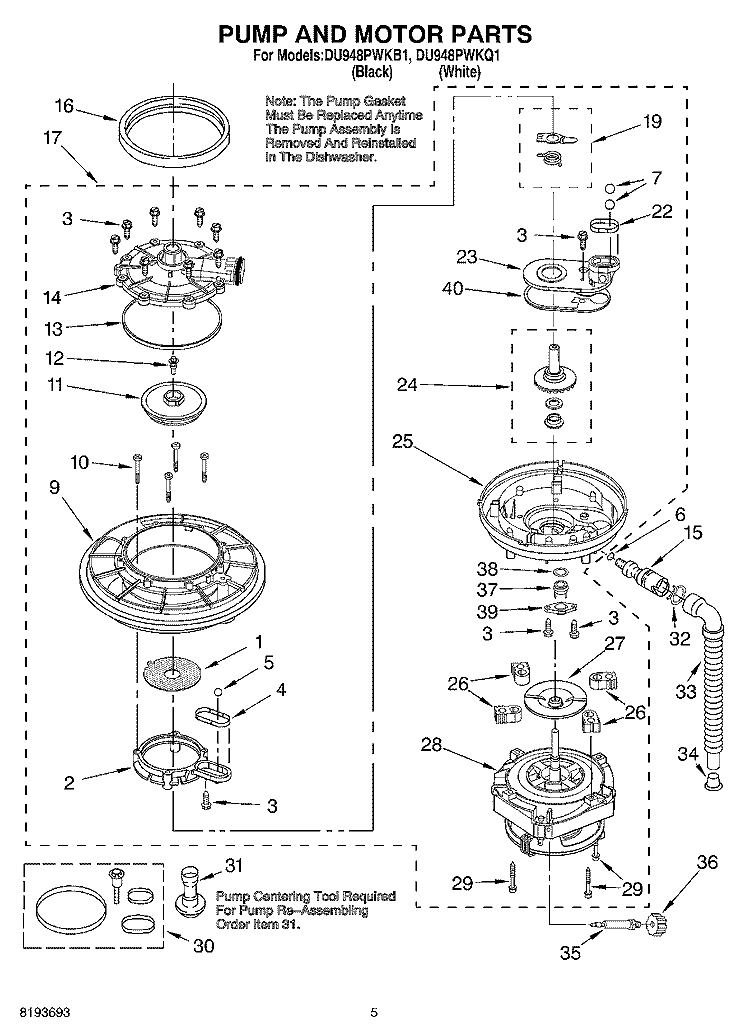 PUMP AND MOTOR Diagram and Parts List for DU948PWKQ1  Whirlpool Dishwasher