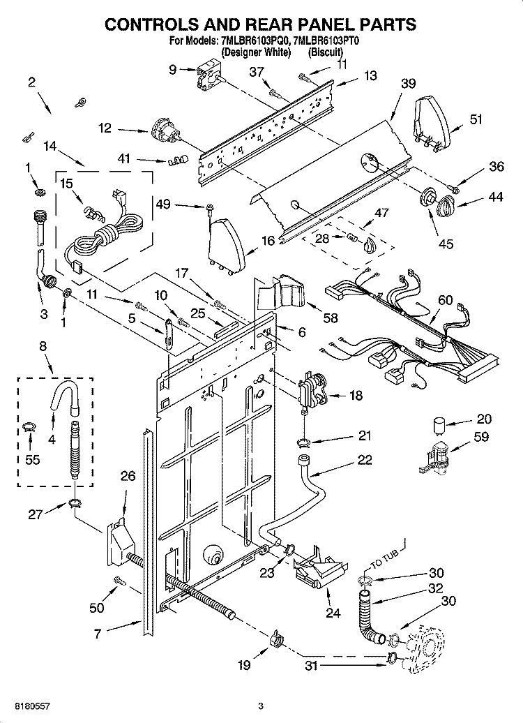 CONTROLS AND REAR PANEL PARTS Diagram and Parts List for 7MLBR6103PQ0  Whirlpool Washer