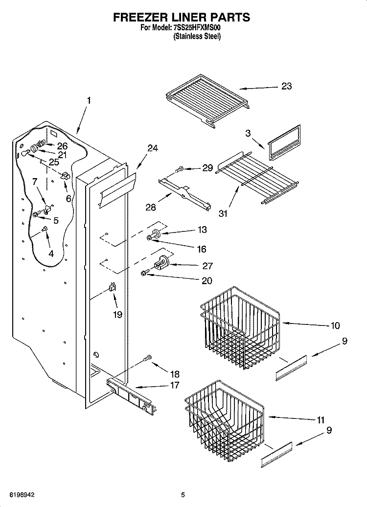 FREEZER LINER PARTS Diagram and Parts List for 7SS25HFXMS00  Whirlpool Refrigerator