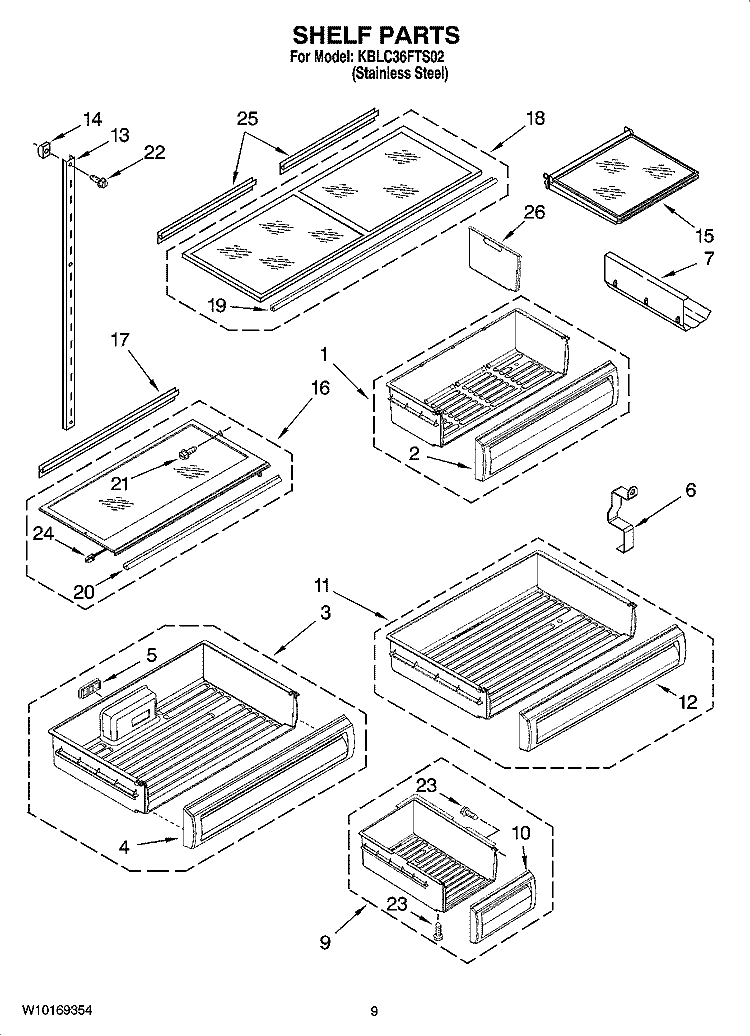 SHELF PARTS Diagram and Parts List for KBLC36FTS02  KitchenAid Refrigerator