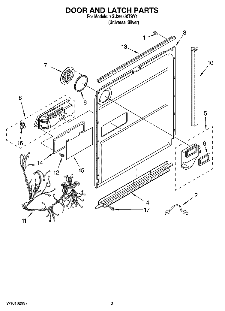 DOOR AND LATCH PARTS Diagram and Parts List for 7GU3600XTSY1  Whirlpool Dishwasher