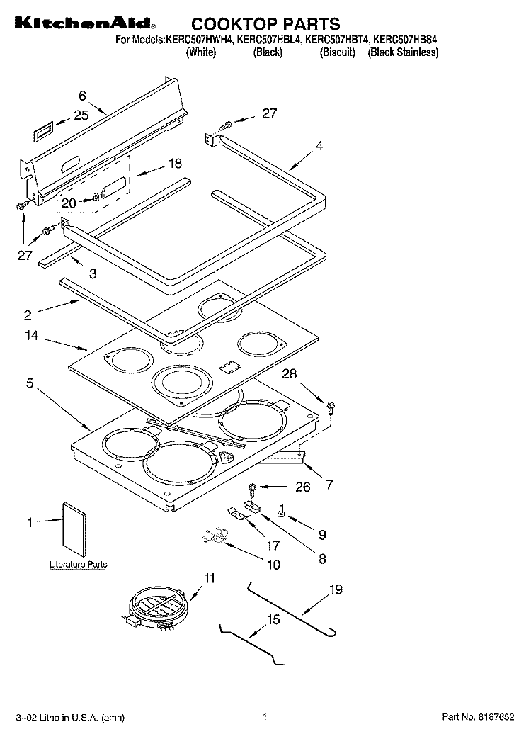 COOKTOP, LITERATURE Diagram and Parts List for KERC507HBS4  KitchenAid Range