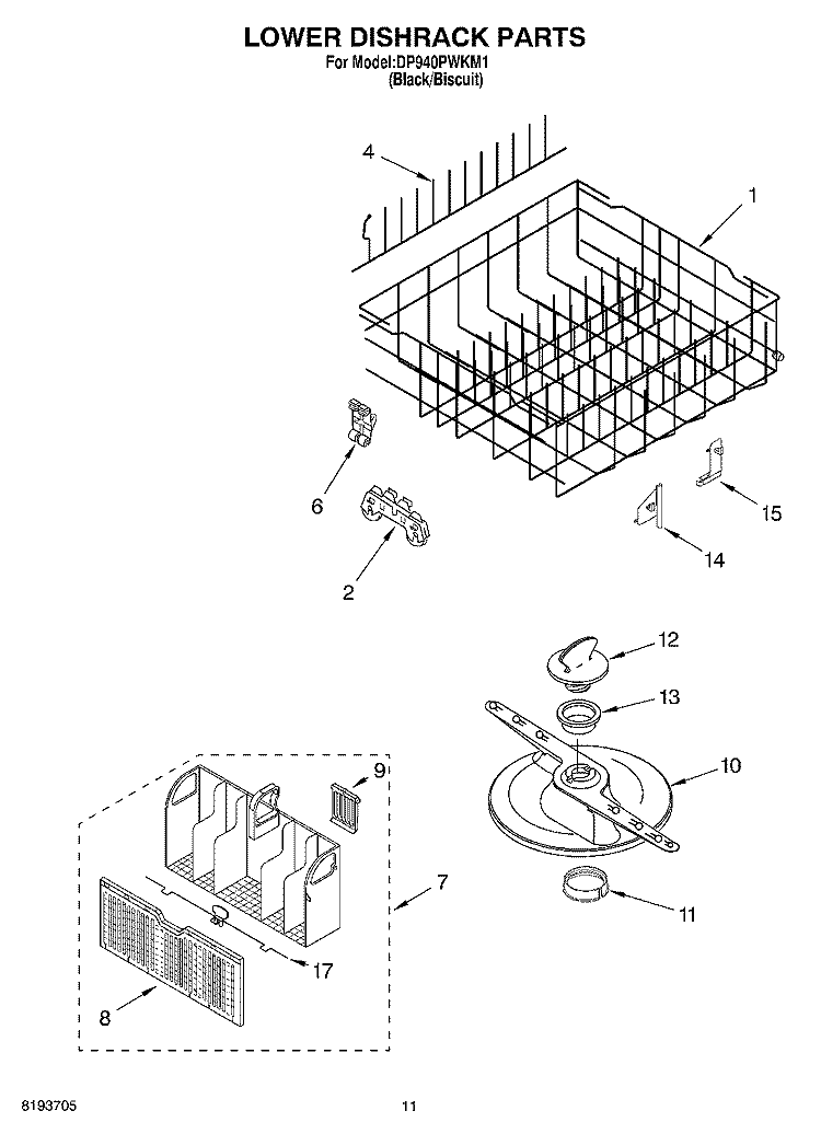 LOWER DISHRACK Diagram and Parts List for DP940PWKM1  Whirlpool Dishwasher