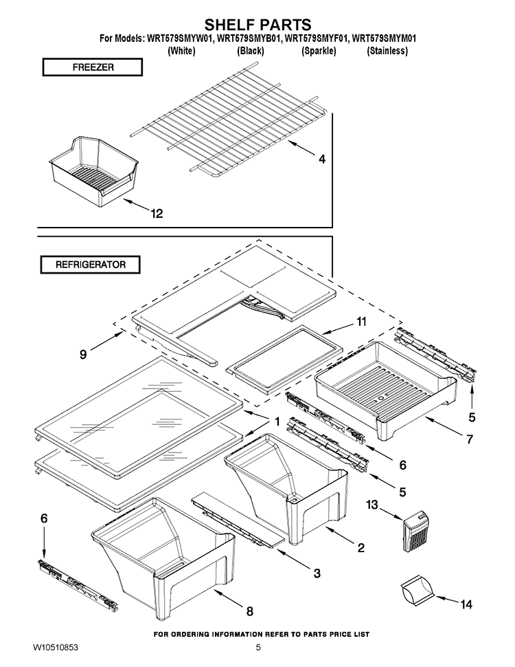 SHELF PARTS Diagram and Parts List for WRT579SMYW01  Whirlpool Refrigerator