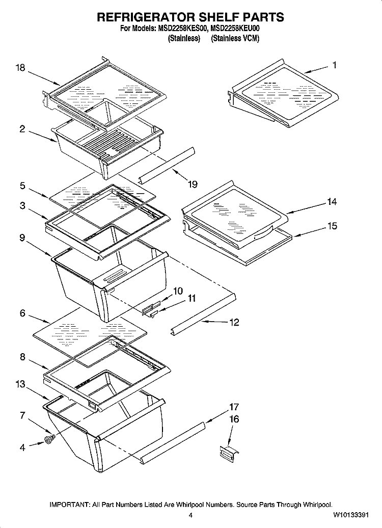 REFRIGERATOR SHELF PARTS Diagram and Parts List for MSD2258KEU00  Whirlpool Refrigerator